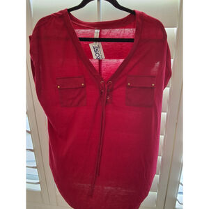 NWT By Design PerSeption Concept Women's XL Red Lace-Up Boho V-Neck Tunic Top
